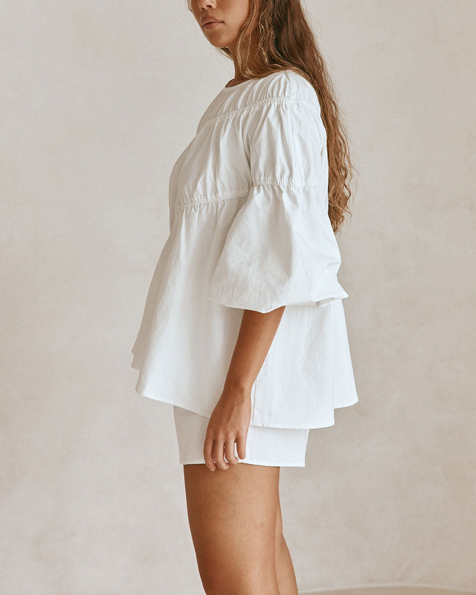 White Structured Ruched Puff Sleeve Top