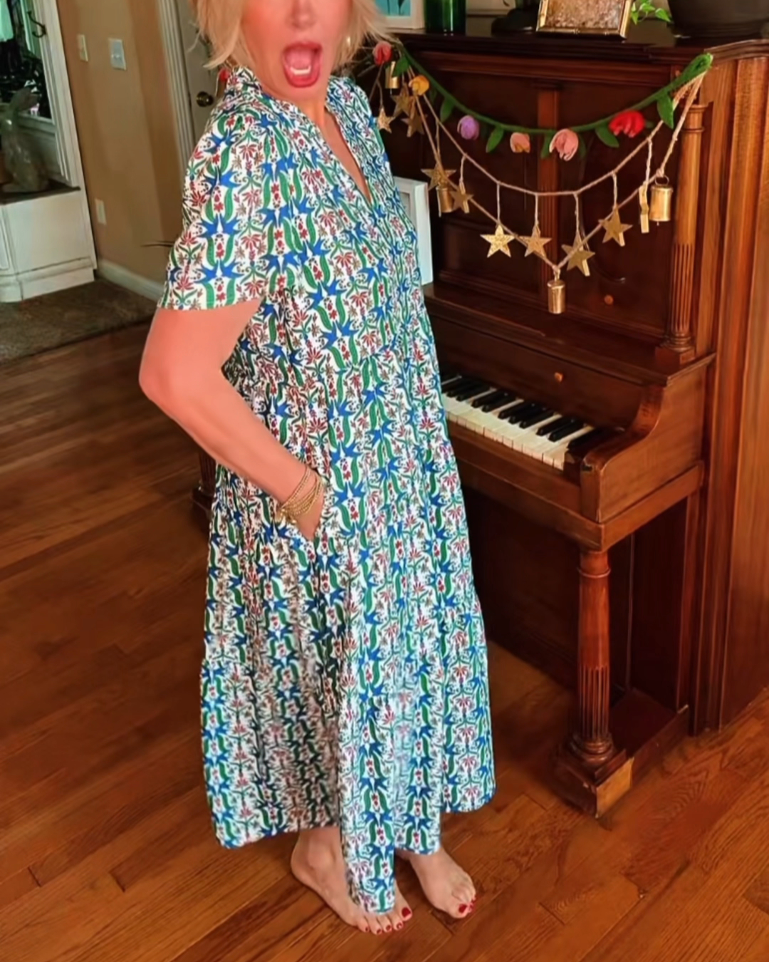 V-Neck Print Midi Dress