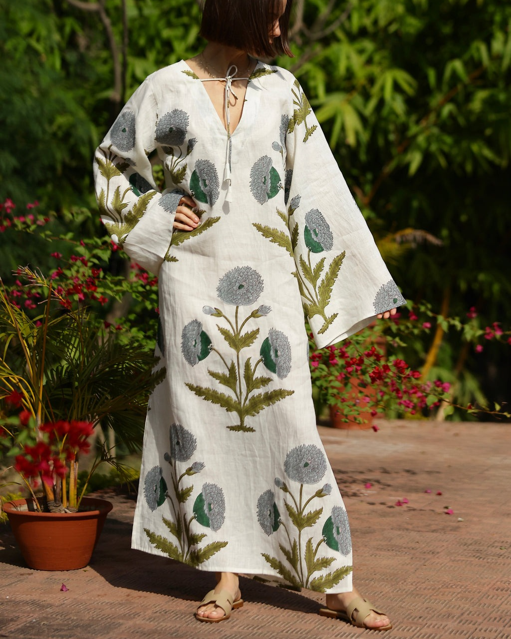 V-Neckline Bell Sleeves Flower Caftan