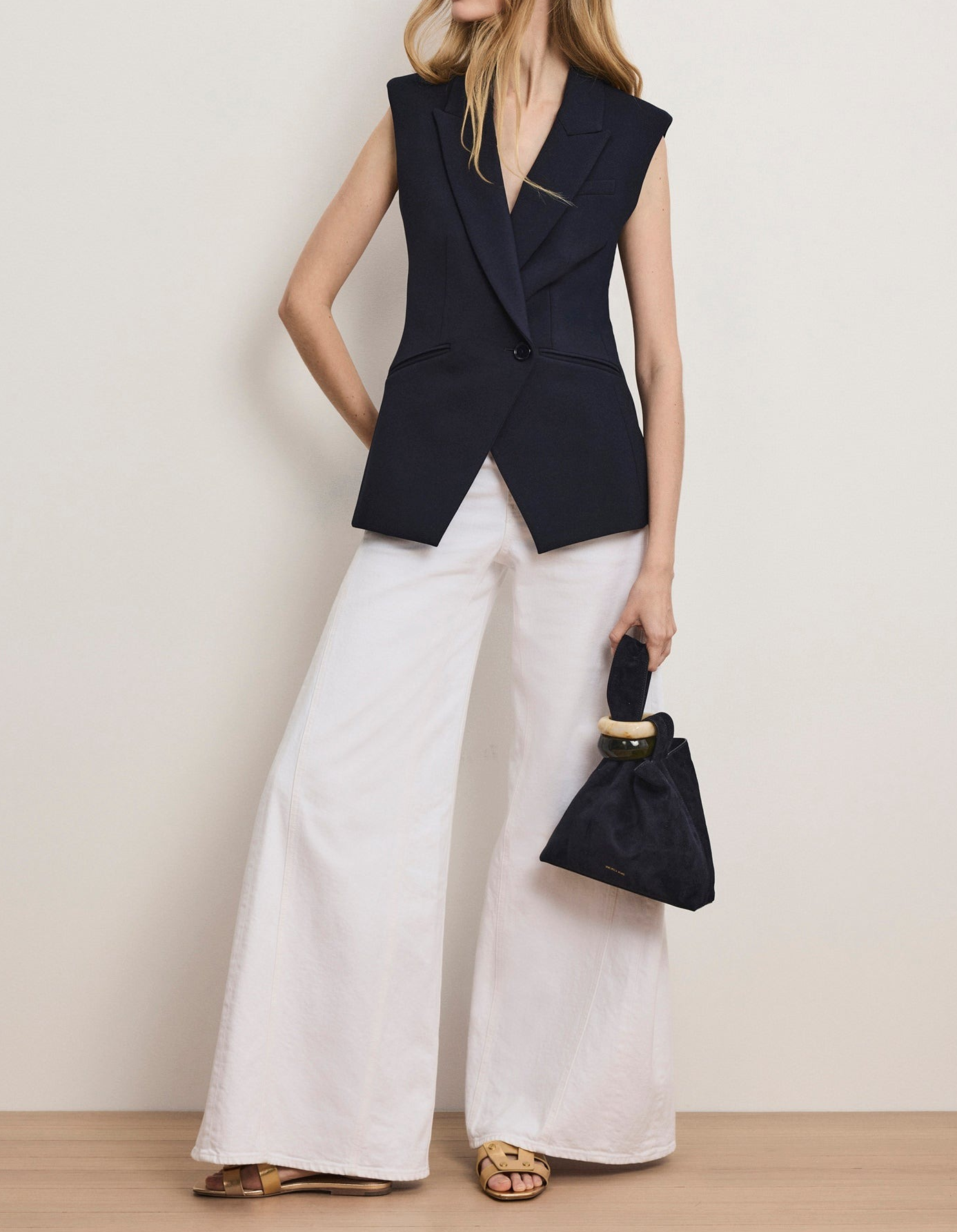 Navy Single-Breasted Sleeveless Top
