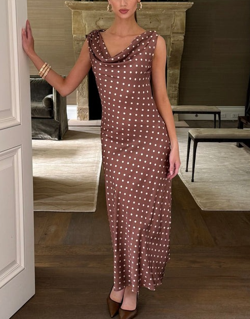 Valeria Chocolate Polka Dot Off The Shoulder Maxi Dress