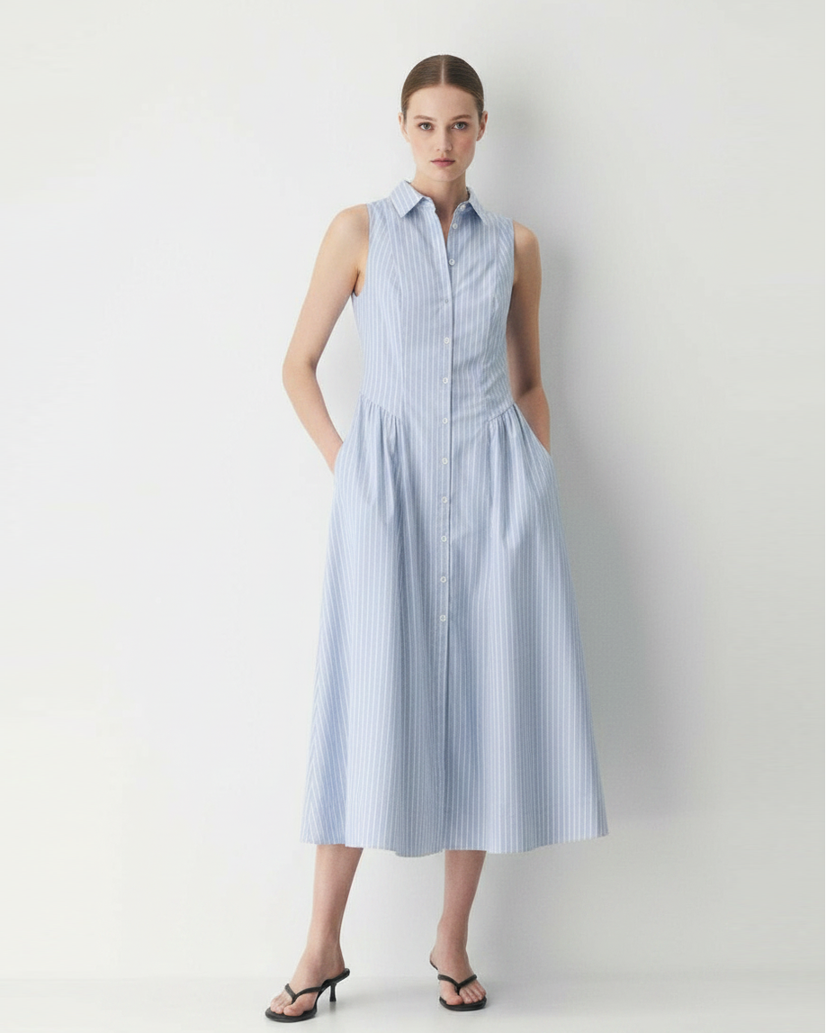 Striped Cotton Poplin Sleeveless Shirt Dress