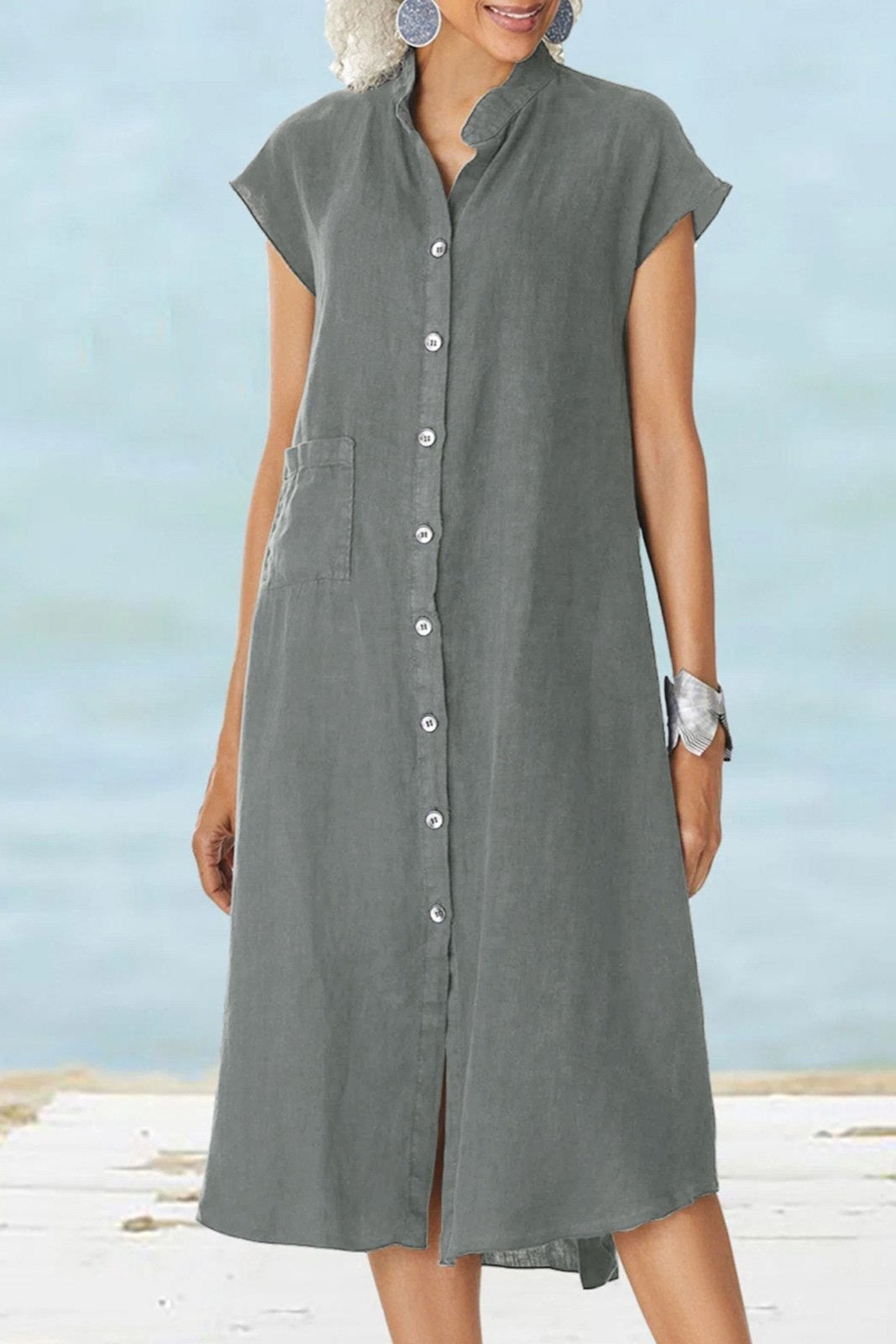 Women’s Button-down Cotton Linen Loose Dress with Pocket