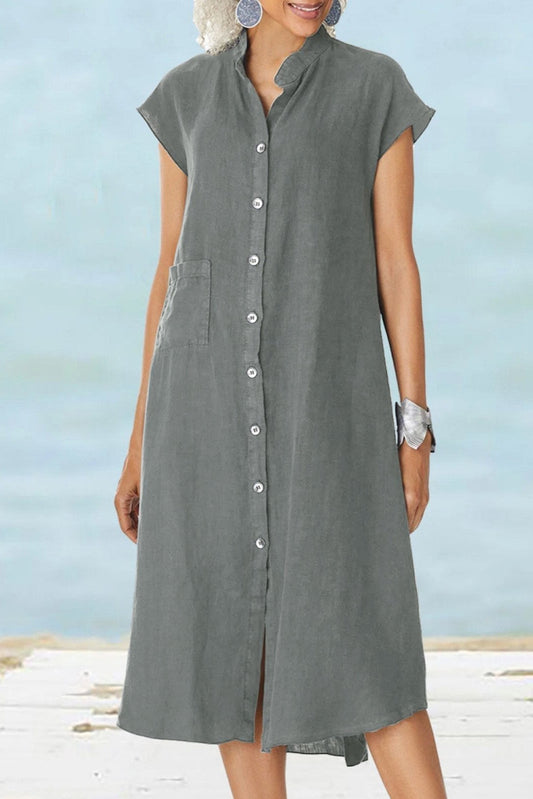 Women’s Button-down Cotton Linen Loose Dress with Pocket