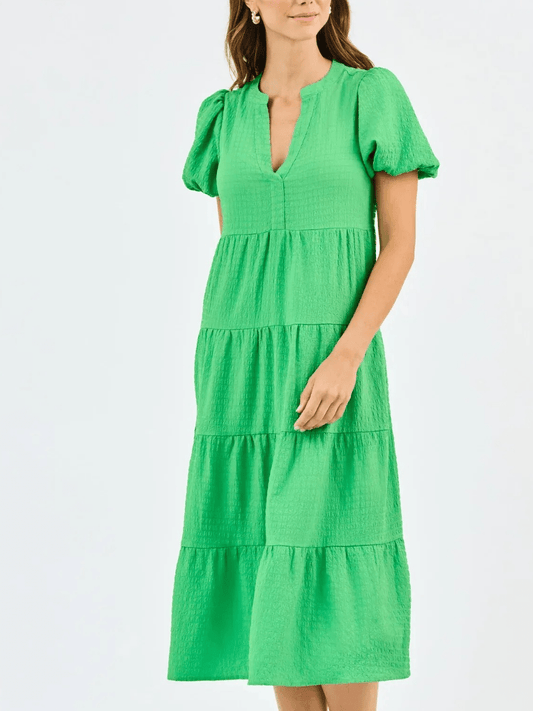 Summer Green Textured Tiered Midi Dress For Casual Wear - allsose