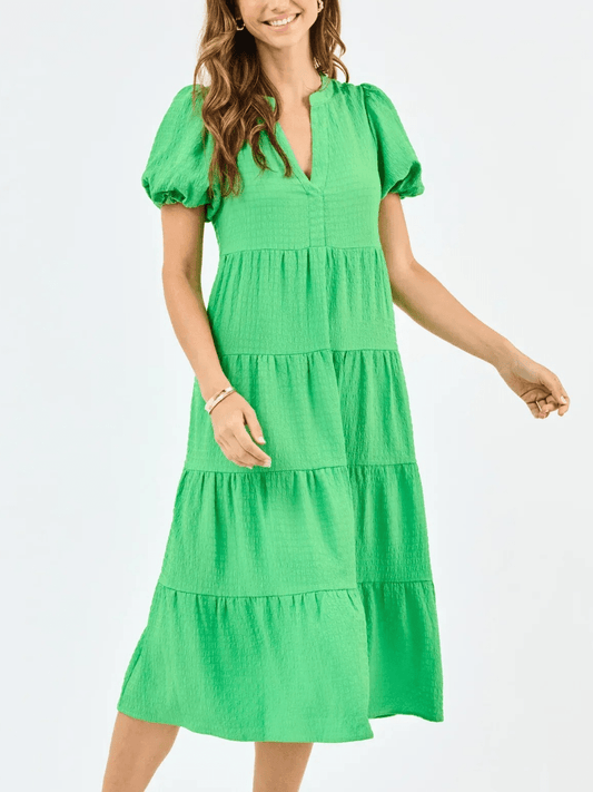 Summer Green Textured Tiered Midi Dress For Casual Wear - allsose