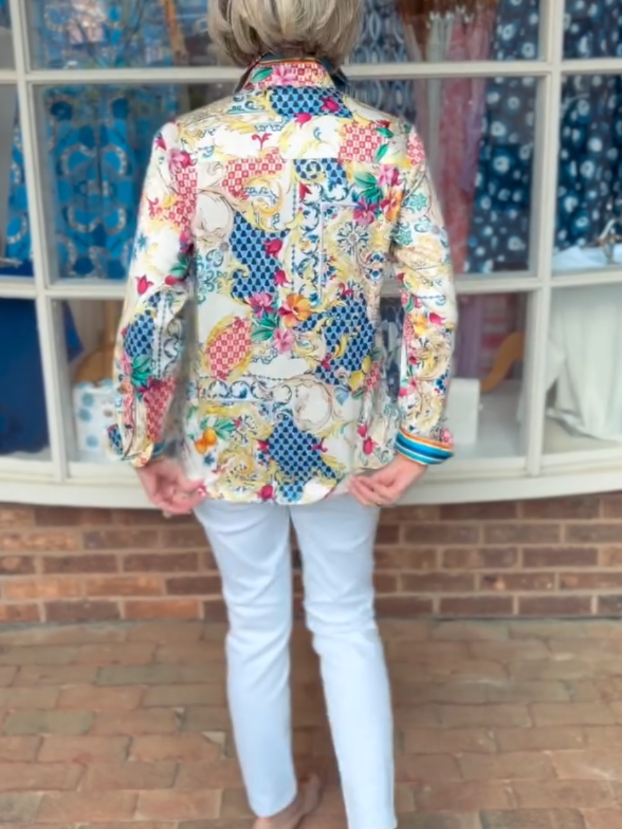 Women's Colorful Patchwork Floral Print Button Down Shirt - allsose